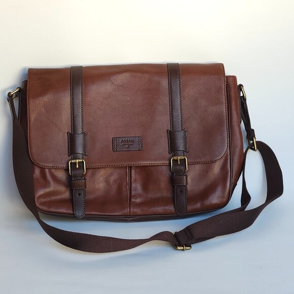 Fossil Leather Messenger Bag Two-Tone Brown Flap Top Laptop Soft Briefcase - Picture 1 of 11